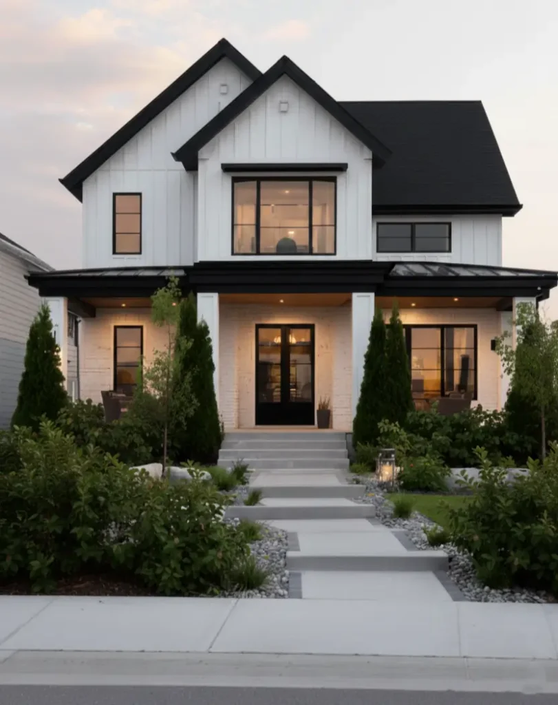 White Farmhouse With Black Trim: 34 Ideas for a Timeless Exterior 18 Central glass volume and symmetrical lighting on a modern white house with black trim.