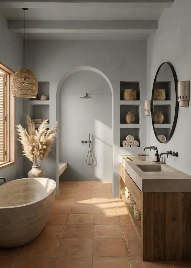 27 Modern Mediterranean Interior Design Ideas That Feel Effortlessly Chic 19 Modern grey bathroom design with lime-washed walls, a central arched shower, raw timber vanity, and warm terracotta floors.