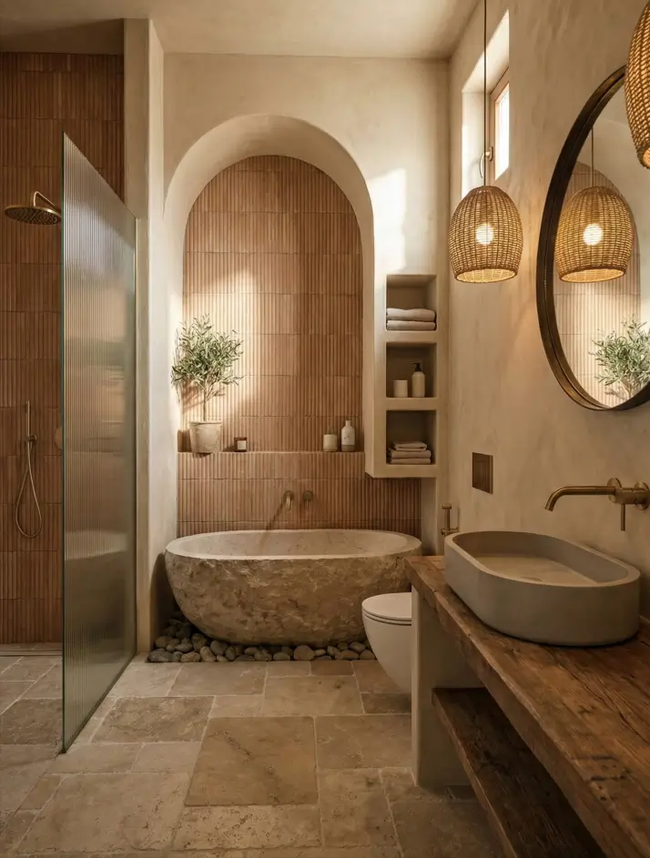 30 Mediterranean Bathroom Ideas for a Modern Coastal Escape 19 Fluted Earthy Texture Warm bathroom with a fluted terracotta arched niche framing a raw stone bathtub on a pebble floor.