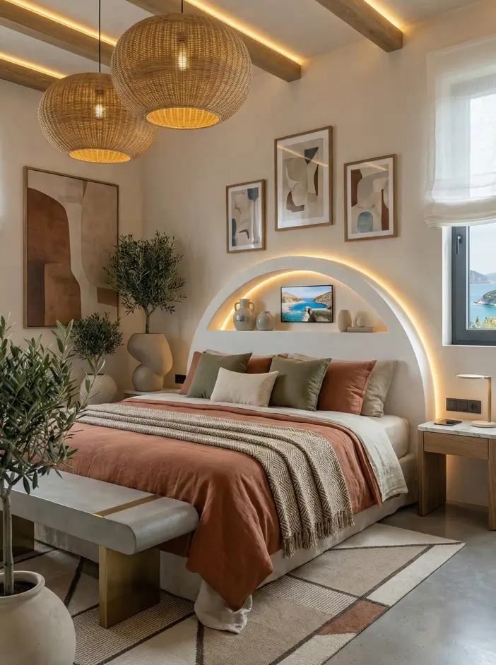 26 Modern Mediterranean Bedroom Ideas That Feel Calm, Warm, and Effortless 19 Oversized woven pendants and a backlit headboard niche creating ambient light in a Mediterranean bedroom.