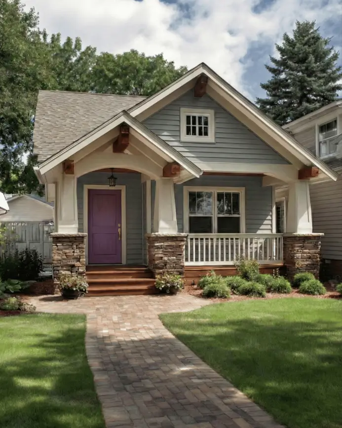 35 Small Craftsman House Ideas for Timeless Charm & Modern Living 19 Small Craftsman house with blue-grey siding and a purple front door.