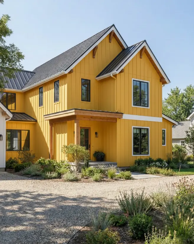 26 House with Board and Batten Siding Ideas for a Timeless Exterior 19 Two-story yellow house with board and batten siding featuring white trim.