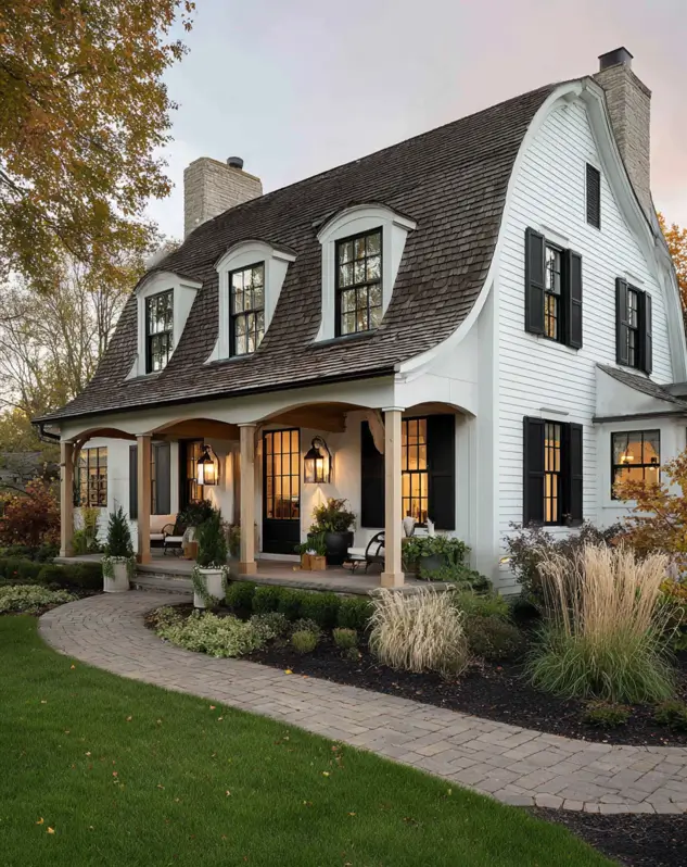 White Farmhouse With Black Trim: 34 Ideas for a Timeless Exterior 19 Gambrel roofline and rustic wood columns adding Dutch Colonial charm to a white farmhouse with black trim.