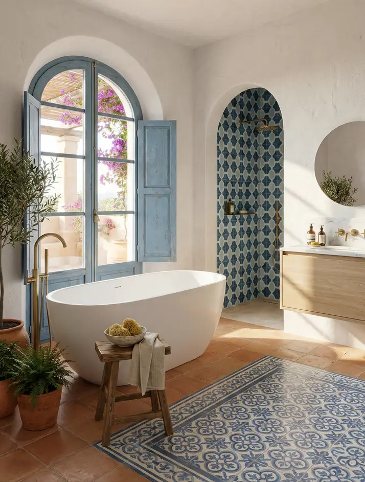 30 Mediterranean Bathroom Ideas for a Modern Coastal Escape 20 Vibrant Coastal Connection Bright Mediterranean bathroom featuring weathered blue window shutters and a detailed mosaic tile floor rug.