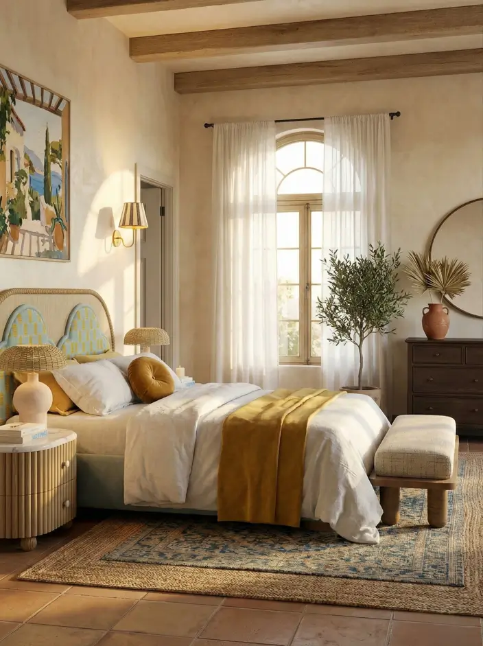 26 Modern Mediterranean Bedroom Ideas That Feel Calm, Warm, and Effortless 20 Blue and yellow upholstered headboard with fluted wood nightstands in a sunny Mediterranean bedroom design.