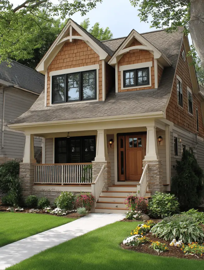 35 Small Craftsman House Ideas for Timeless Charm & Modern Living 20 Small Craftsman bungalow featuring twin cedar dormers and a stone porch.