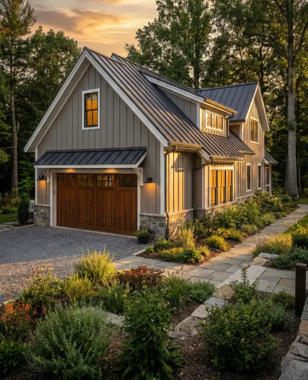 26 House with Board and Batten Siding Ideas for a Timeless Exterior 20 Cozy taupe house with board and batten siding featuring wooden garage doors.