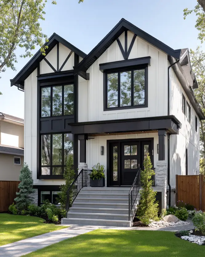 White Farmhouse With Black Trim: 34 Ideas for a Timeless Exterior 20 Decorative black timber trusses emphasizing the height of a white farmhouse with black trim.