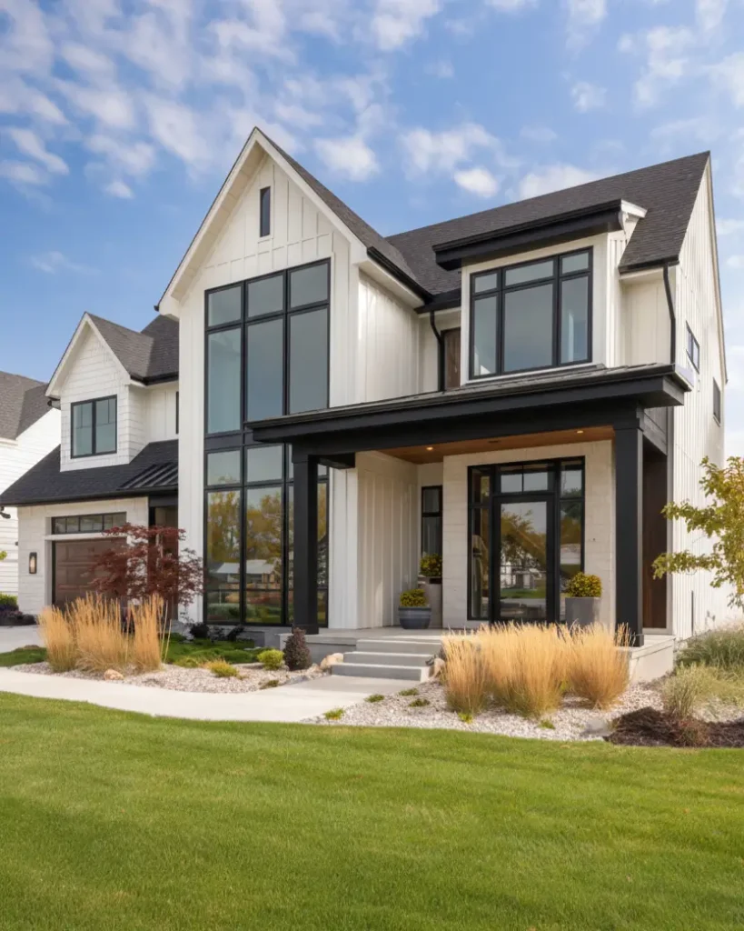 White Farmhouse With Black Trim: 34 Ideas for a Timeless Exterior 21 Two-story glass wall creating a lantern effect on a modern white farmhouse with black trim.