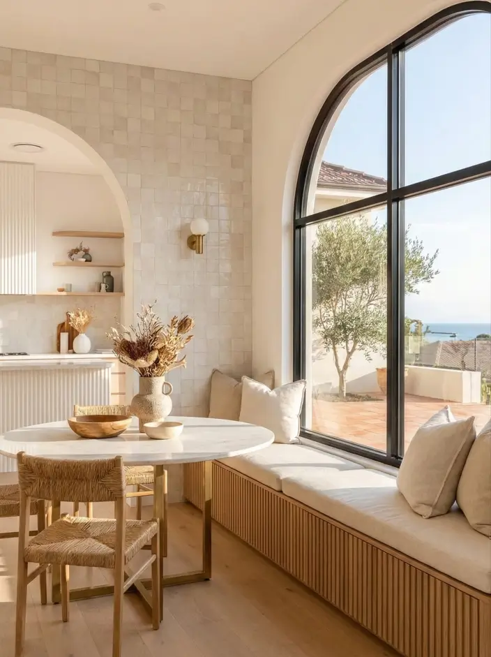 27 Modern Mediterranean Interior Design Ideas That Feel Effortlessly Chic 21 Sun-lit dining nook featuring glossy cream wall tiles, a fluted wood banquette, and a black-framed arched window.
