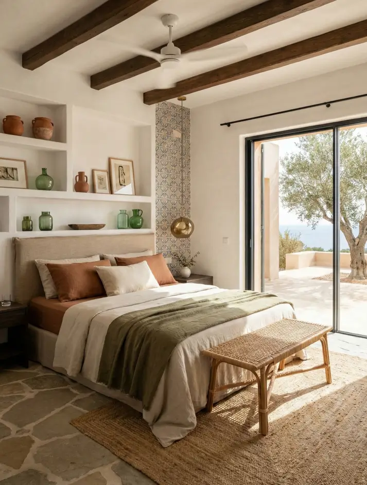 26 Modern Mediterranean Bedroom Ideas That Feel Calm, Warm, and Effortless 21 Irregular flagstone flooring and built-in plaster shelving in a rustic modern Mediterranean bedroom.
