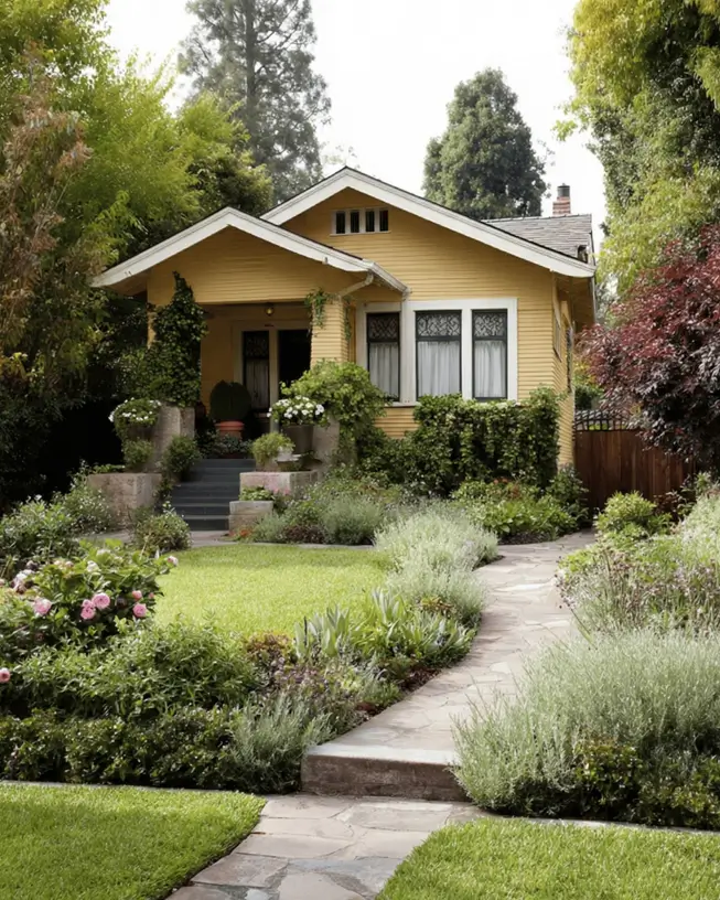 35 Small Craftsman House Ideas for Timeless Charm & Modern Living 21 Small Craftsman house with yellow siding and a lush cottage garden.
