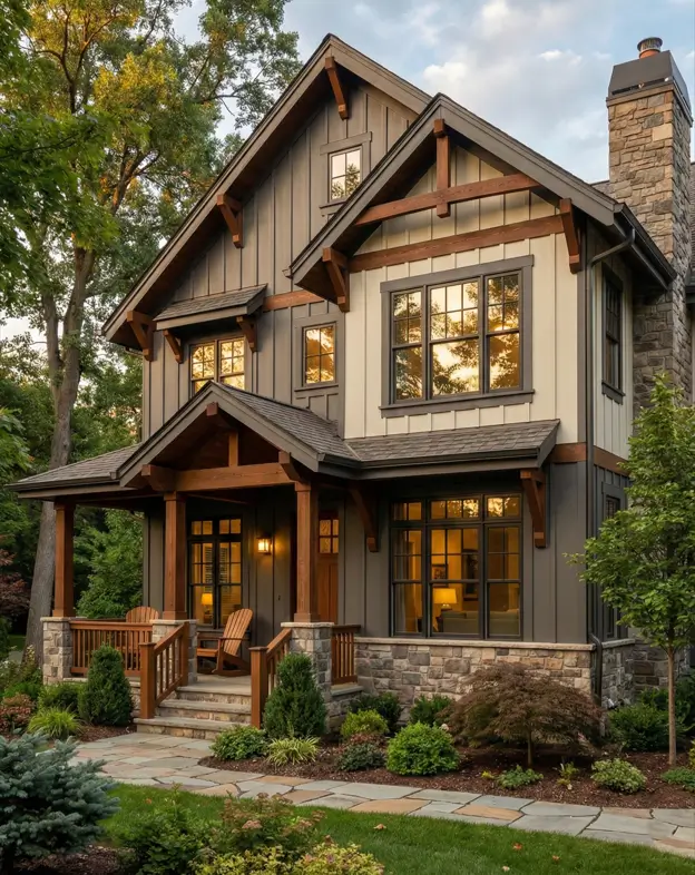 26 House with Board and Batten Siding Ideas for a Timeless Exterior 21 Two-story house with board and batten siding featuring charcoal and cream panels.