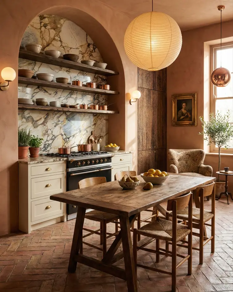 30 Mediterranean Kitchen Ideas for a Warm, Coastal Escape 4 Mediterranean kitchen decor featuring pink lime wash walls, arched marble backsplash, rustic dining table, and herringbone brick flooring.