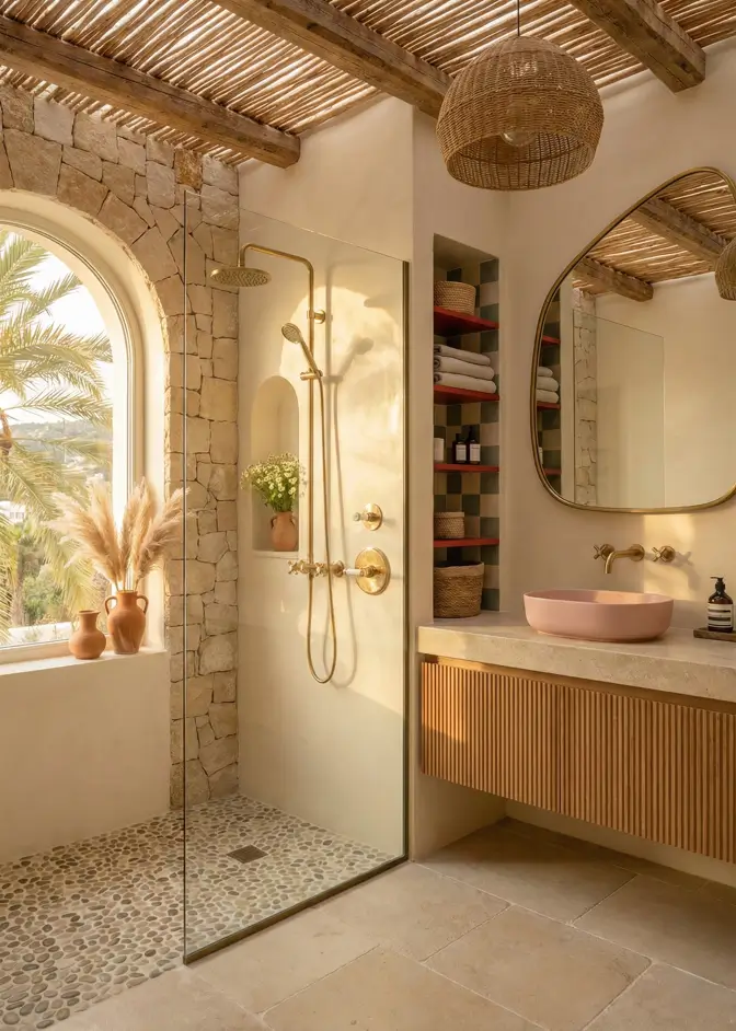 30 Mediterranean Bathroom Ideas for a Modern Coastal Escape 4 Sun-Drenched Stone Sanctuary Sun-lit modern Mediterranean bathroom with rustic travertine walls, a woven reed ceiling, and a fluted wood vanity.