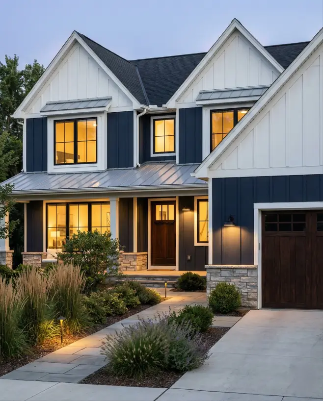 26 House with Board and Batten Siding Ideas for a Timeless Exterior 4 Two-story house with board and batten siding featuring a modern navy and white two-tone color scheme.