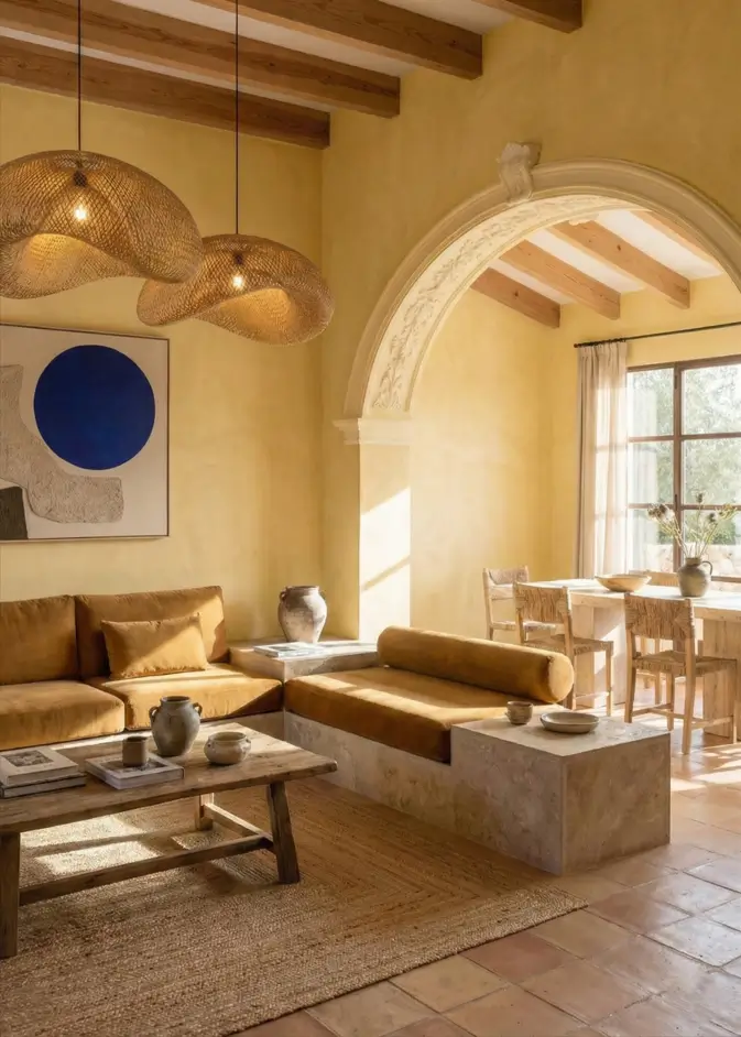 27 Modern Mediterranean Interior Design Ideas That Feel Effortlessly Chic 4 Sun-drenched living area featuring the Mediterranean aesthetic with ochre lime-wash walls, built-in stone seating, and oversized woven pendants.