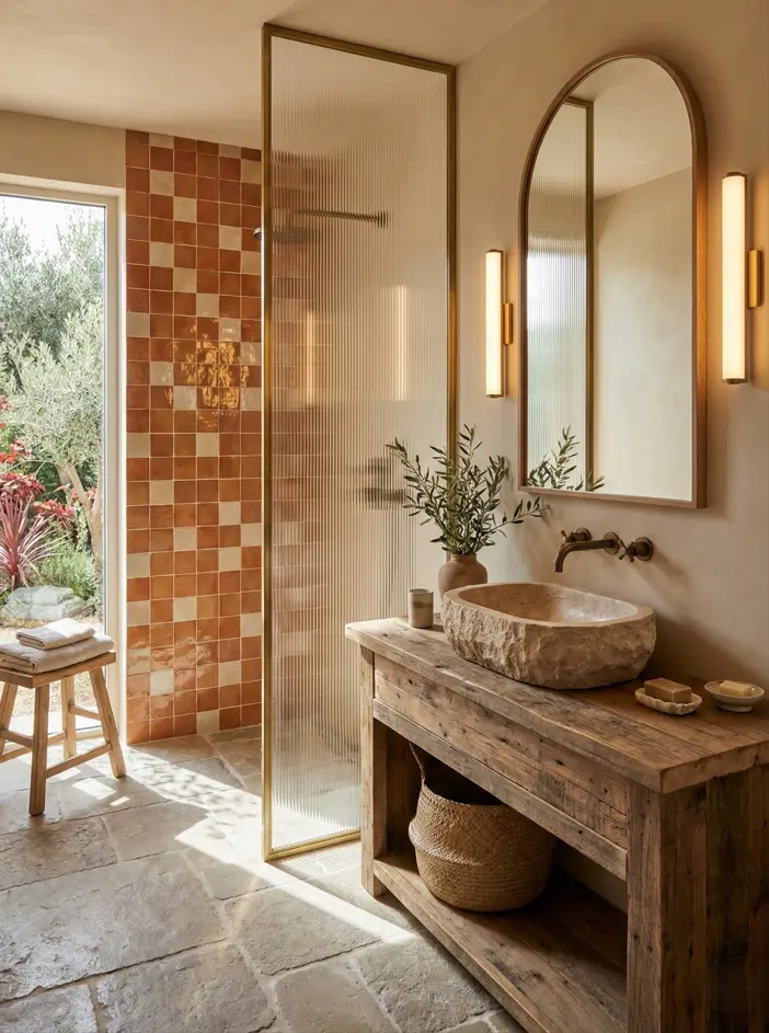 30 Mediterranean Bathroom Ideas for a Modern Coastal Escape 22 Fluted Glass Warmth Sun-lit bathroom featuring a brass-framed fluted glass partition, rustic timber vanity, and checkerboard shower tiles.