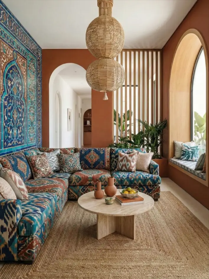 27 Modern Mediterranean Interior Design Ideas That Feel Effortlessly Chic 22 Collected living space design highlighting a blue mosaic wall panel, ikat-print sectional sofa, and modern wooden slats.