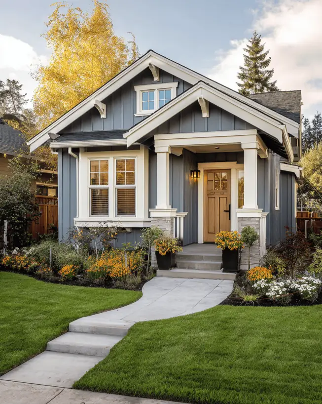 35 Small Craftsman House Ideas for Timeless Charm & Modern Living 22 Small Craftsman house featuring blue-grey board-and-batten siding.