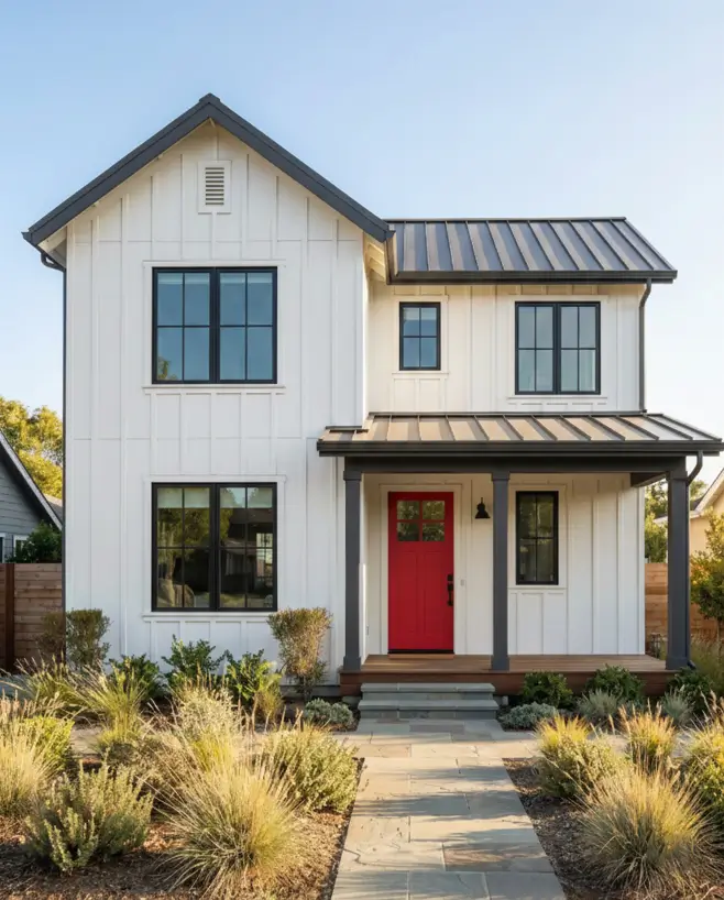 26 House with Board and Batten Siding Ideas for a Timeless Exterior 22 White house with board and batten siding featuring a bright red front door.