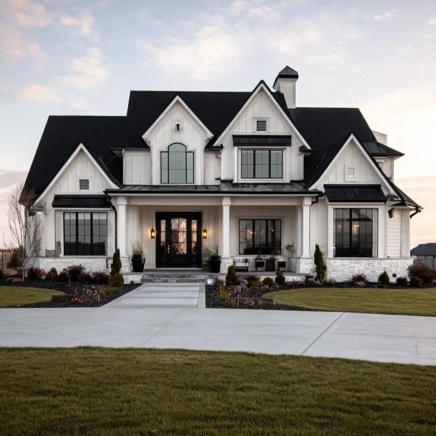 White Farmhouse With Black Trim: 34 Ideas for a Timeless Exterior 22 Whitewashed stone skirting blending with vertical paneling on a white farmhouse with black trim.