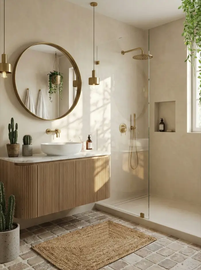 30 Mediterranean Bathroom Ideas for a Modern Coastal Escape 23 Curated Organic Modernity Modern Mediterranean bathroom idea with a radiused fluted vanity, rustic brick flooring, and hanging plants.