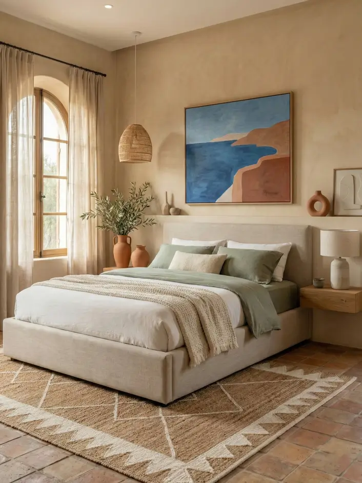 26 Modern Mediterranean Bedroom Ideas That Feel Calm, Warm, and Effortless 23 Large abstract seascape art and floating oak nightstands in a serene Mediterranean bedroom decor idea.