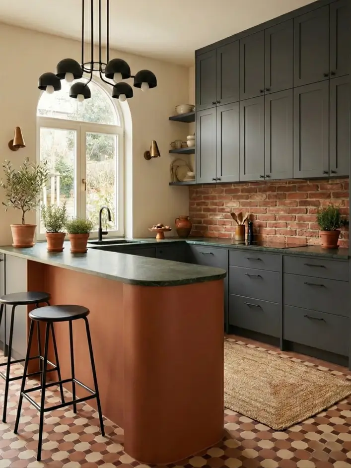 30 Mediterranean Kitchen Ideas for a Warm, Coastal Escape 23 Modern Mediterranean kitchen design featuring dark grey cabinets, red brick backsplash, curved terracotta island, and patterned floor tiles.