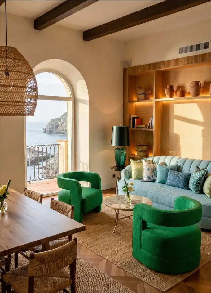 27 Modern Mediterranean Interior Design Ideas That Feel Effortlessly Chic 23 Luxe lounge area featuring vibrant emerald green velvet chairs, exposed timber beams, and built-in shelving with pottery.