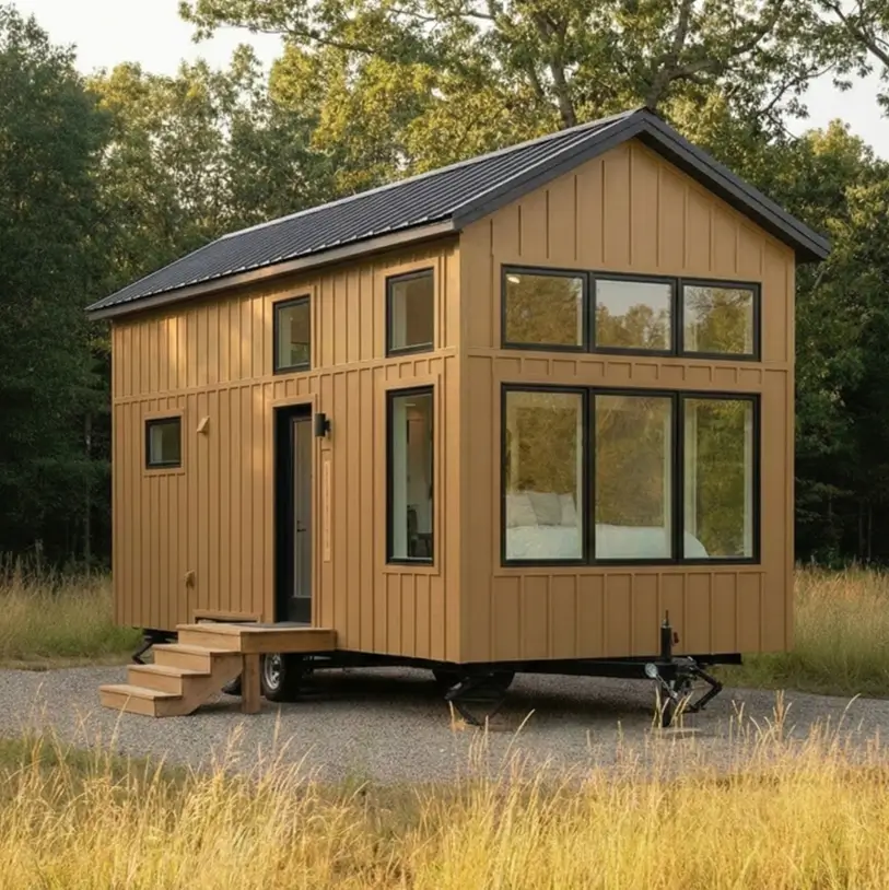 26 House with Board and Batten Siding Ideas for a Timeless Exterior 23 Modern mustard yellow tiny house with board and batten siding.