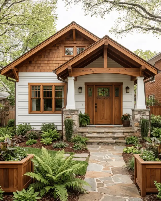 35 Small Craftsman House Ideas for Timeless Charm & Modern Living 23 Small Craftsman house with exposed timber trusses and white siding.