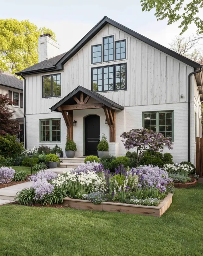 White Farmhouse With Black Trim: 34 Ideas for a Timeless Exterior 23 Raw timber beams and sage green windows softening a white house with black trim.