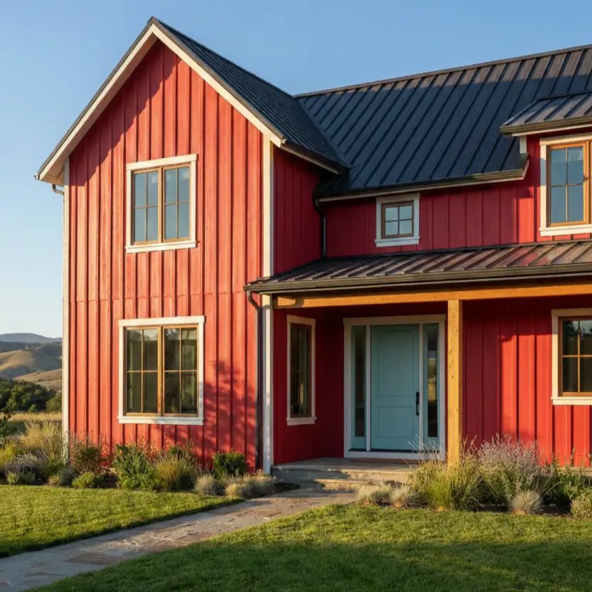 26 House with Board and Batten Siding Ideas for a Timeless Exterior 24 Two-story red house with board and batten siding and a light blue front door.
