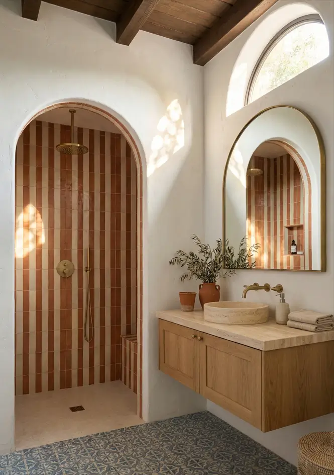 30 Mediterranean Bathroom Ideas for a Modern Coastal Escape 24 Striped Shower Contrast Bright bathroom contrasting vertical terracotta shower stripes with an intricate blue mosaic floor.