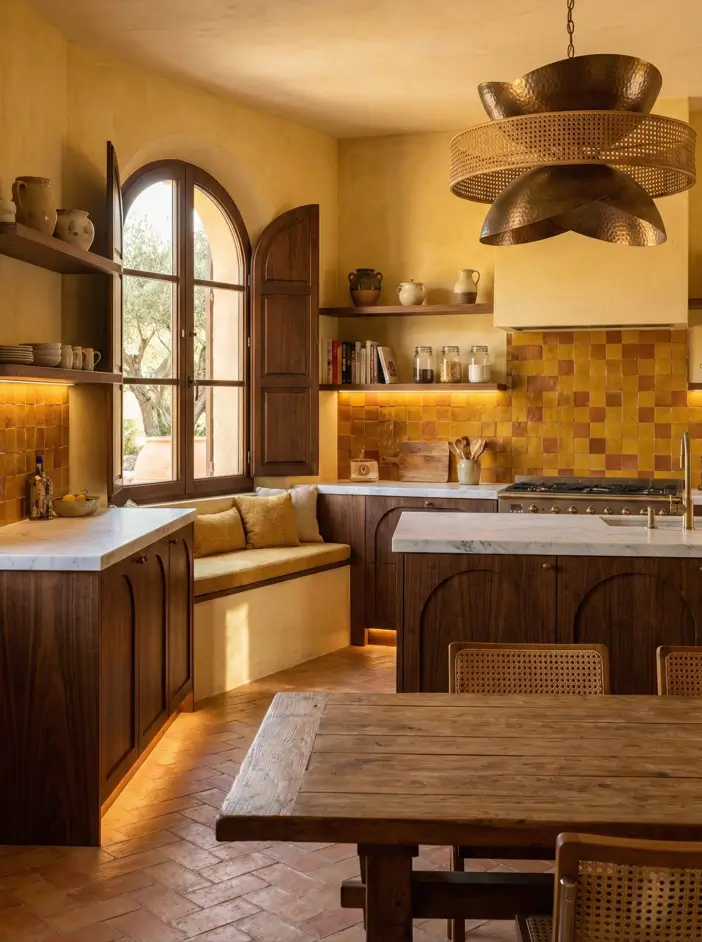 30 Mediterranean Kitchen Ideas for a Warm, Coastal Escape 24 Mediterranean kitchen decor with mustard yellow zellige backsplash, dark walnut cabinets with arched details, and a sculptural brass pendant light.