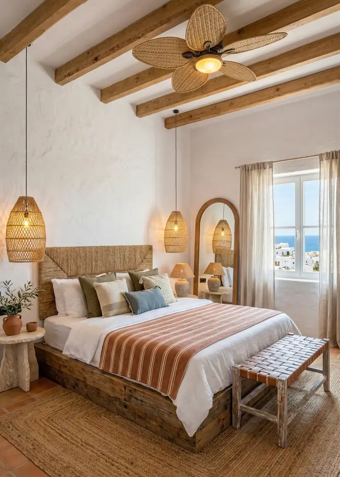 26 Modern Mediterranean Bedroom Ideas That Feel Calm, Warm, and Effortless 24 Woven headboard, rattan pendants, and exposed wood beams in a texture-rich modern Mediterranean bedroom.