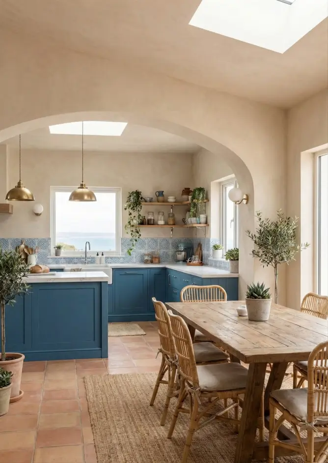 27 Modern Mediterranean Interior Design Ideas That Feel Effortlessly Chic 24 Bright kitchen design balancing deep blue cabinetry and patterned backsplash tiles with rustic terracotta flooring.