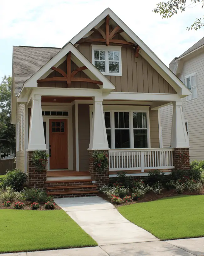 35 Small Craftsman House Ideas for Timeless Charm & Modern Living 24 Small Craftsman house featuring taupe vertical siding and timber gables.