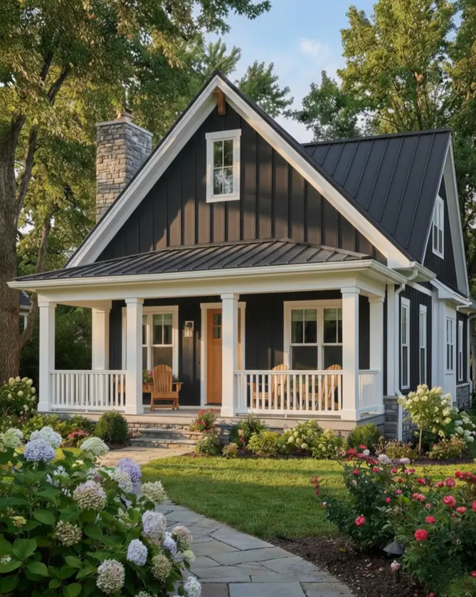 26 House with Board and Batten Siding Ideas for a Timeless Exterior 25 Charming charcoal cottage board and batten exterior with white porch columns.
