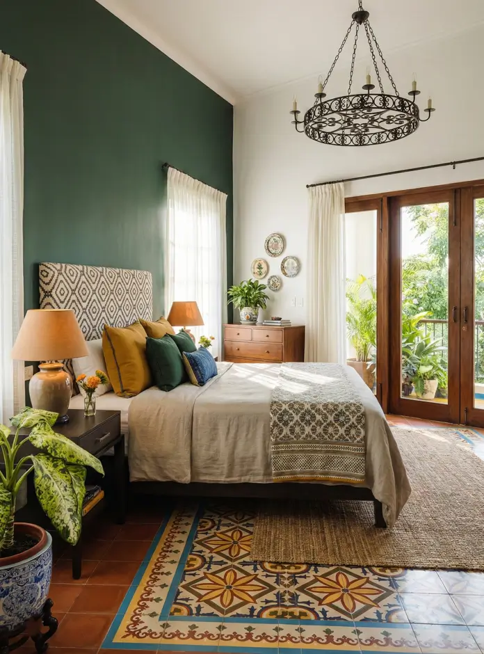 27 Modern Mediterranean Interior Design Ideas That Feel Effortlessly Chic 25 Bedroom featuring Mediterranean home decor with a wrought-iron chandelier, deep green accent wall, and patterned floor tiles.