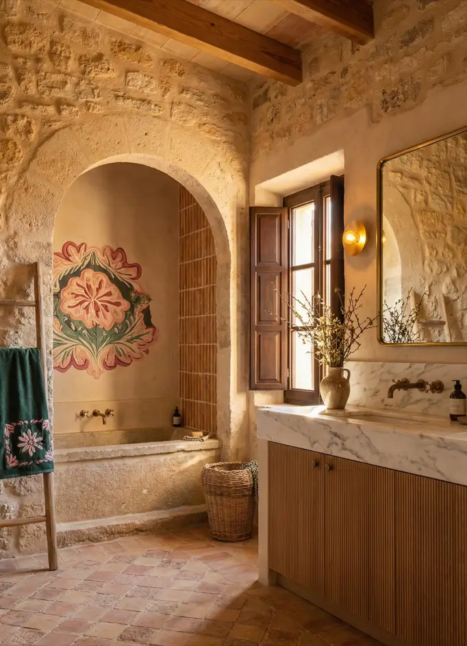 30 Mediterranean Bathroom Ideas for a Modern Coastal Escape 25 Artistic Stone Alcove Mediterranean style bathroom featuring a vibrant floral mural behind a stone tub, flanked by rugged limestone walls.