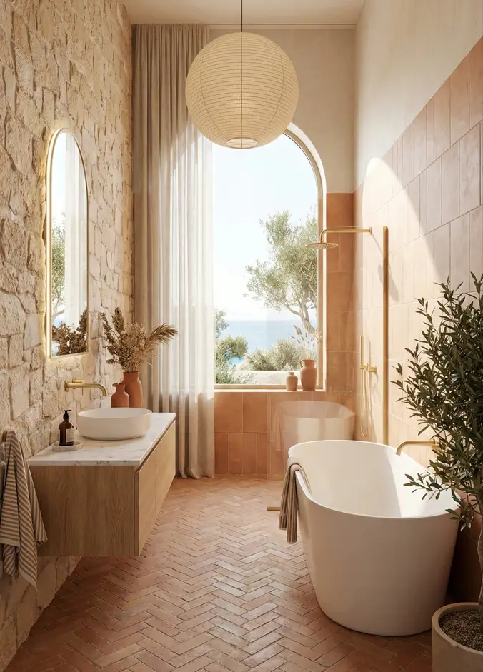 30 Mediterranean Bathroom Ideas for a Modern Coastal Escape 26 Coastal Stone Balance Serene bathroom pairing a raw stone wall with a delicate paper lantern and an arched window facing the sea.