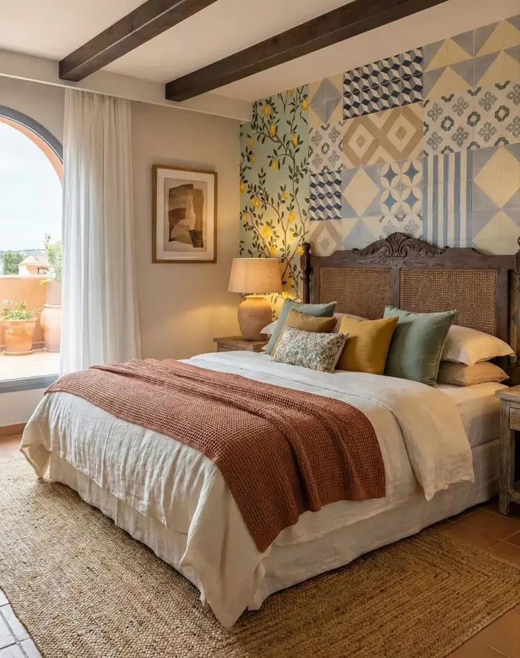 26 Modern Mediterranean Bedroom Ideas That Feel Calm, Warm, and Effortless 26 Mediterranean bedroom design featuring a mix of geometric blue tiles, a lemon mural, and rustic beams.
