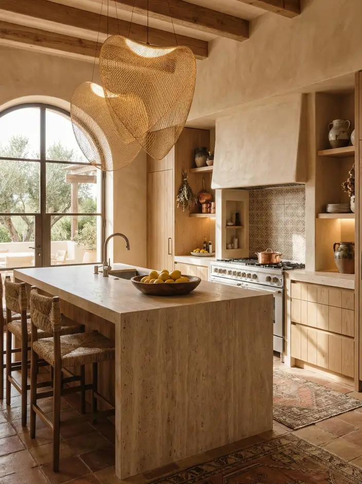 27 Modern Mediterranean Interior Design Ideas That Feel Effortlessly Chic 26 Sleek kitchen island anchored by massive sculptural woven pendants set against warm lime-wash walls and organic textures.