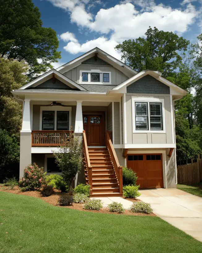 35 Small Craftsman House Ideas for Timeless Charm & Modern Living 26 Small Craftsman split-level house with an elevated grey porch.