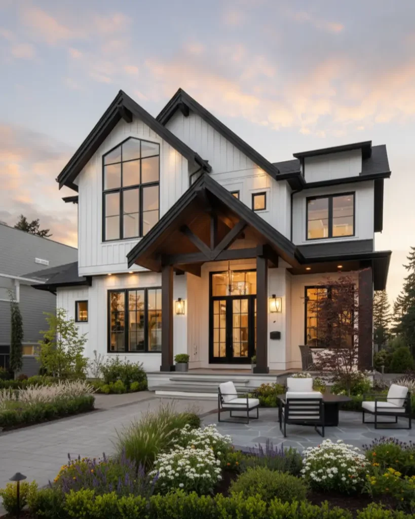 White Farmhouse With Black Trim: 34 Ideas for a Timeless Exterior 26 Heavy timber trusses and a stone patio framing the entrance of a white farmhouse with black trim.