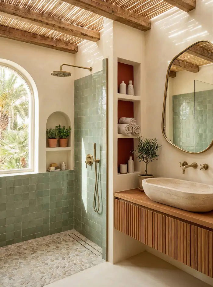 30 Mediterranean Bathroom Ideas for a Modern Coastal Escape 27 Organic Reed Texture Mediterranean bathroom idea with a rustic bamboo reed ceiling, sage green shower tiles, and pebble flooring.