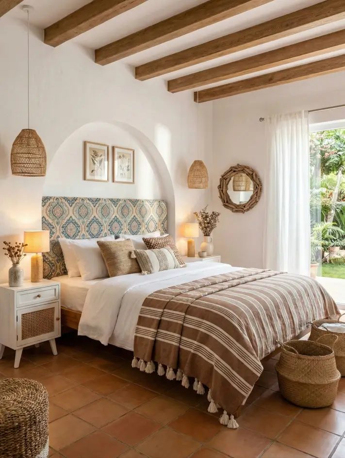 26 Modern Mediterranean Bedroom Ideas That Feel Calm, Warm, and Effortless 27 Blue patterned headboard panel set within a structural plaster niche in a coastal Mediterranean bedroom.