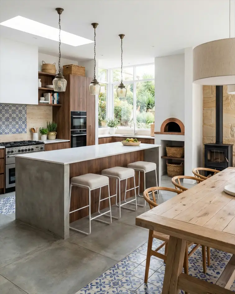 30 Mediterranean Kitchen Ideas for a Warm, Coastal Escape 27 Modern Mediterranean kitchen design featuring a concrete waterfall island, walnut cabinets, vintage glass pendant lights, and blue patterned floor tiles.